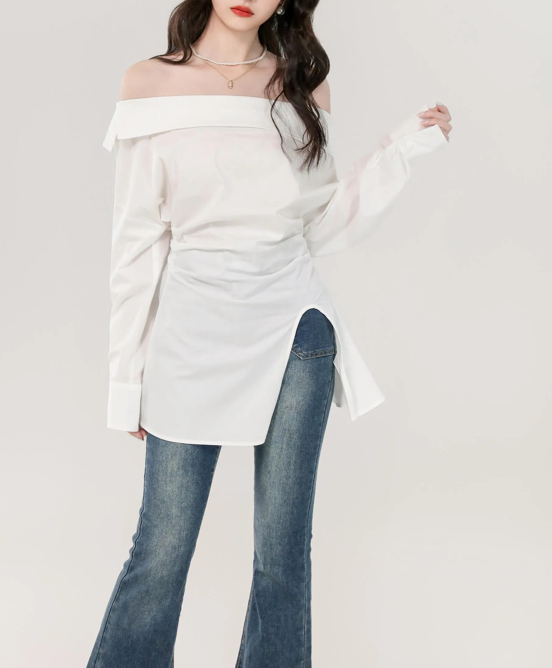 Minimalist Long Sleeve Blouse with a Chic Bardot Neckline