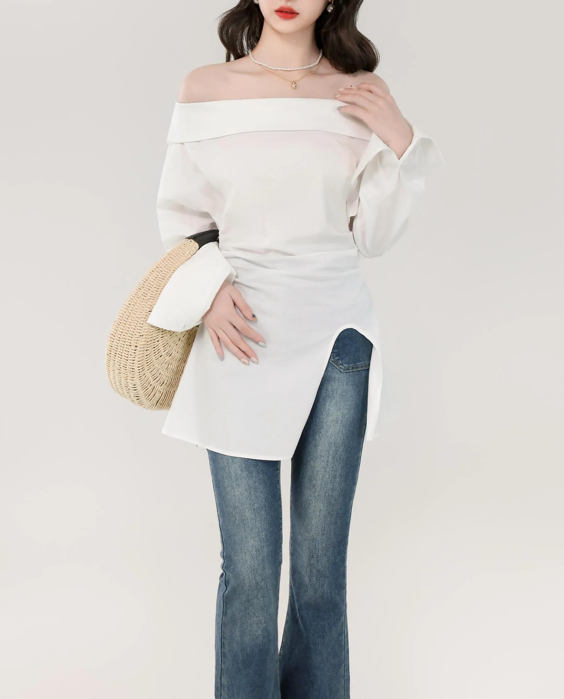 Minimalist Long Sleeve Blouse with a Chic Bardot Neckline