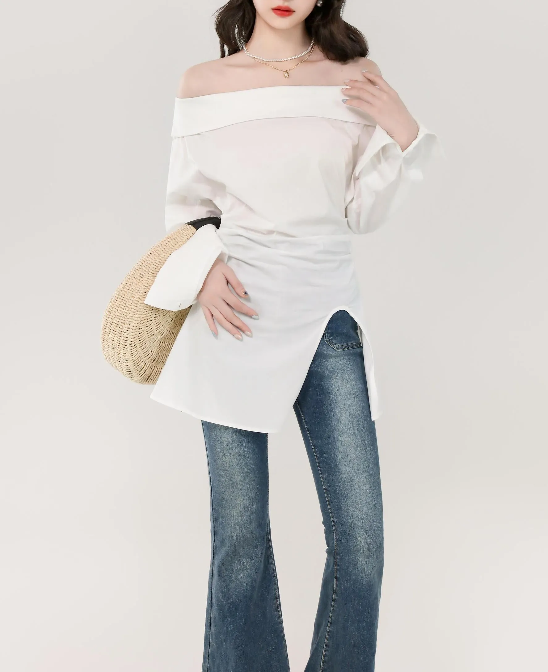 Minimalist Long Sleeve Blouse with a Chic Bardot Neckline