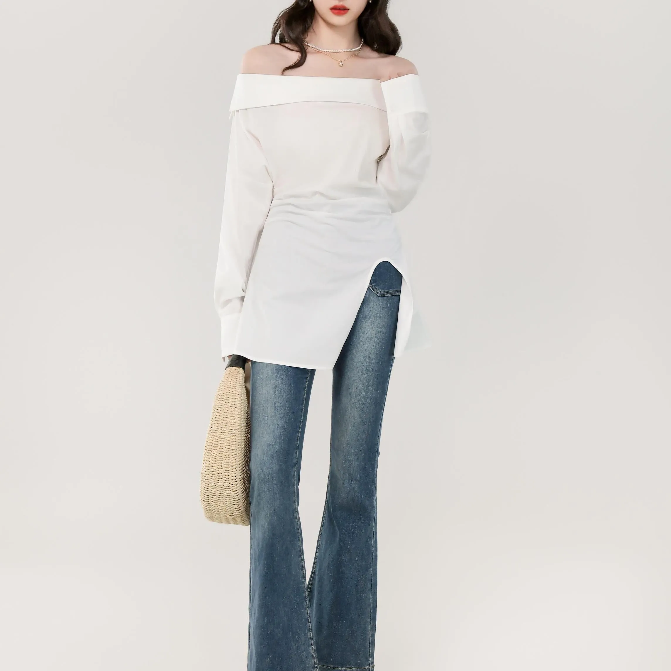 Minimalist Long Sleeve Blouse with a Chic Bardot Neckline
