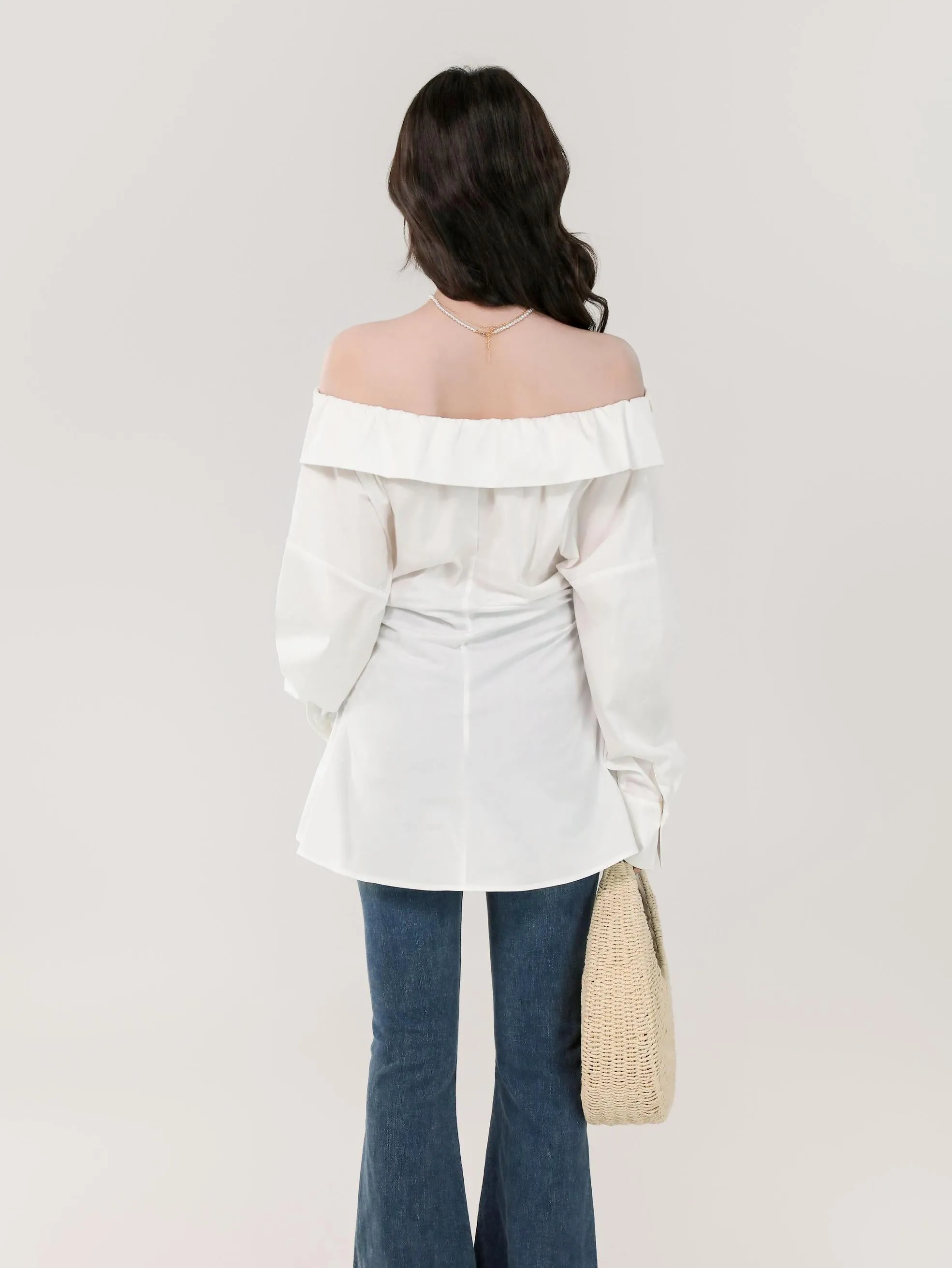 Minimalist Long Sleeve Blouse with a Chic Bardot Neckline