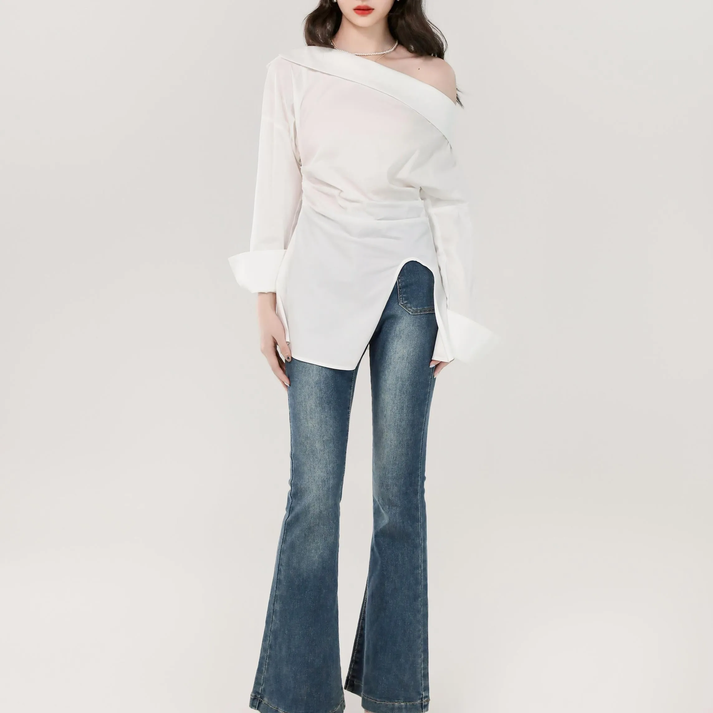 Minimalist Long Sleeve Blouse with a Chic Bardot Neckline