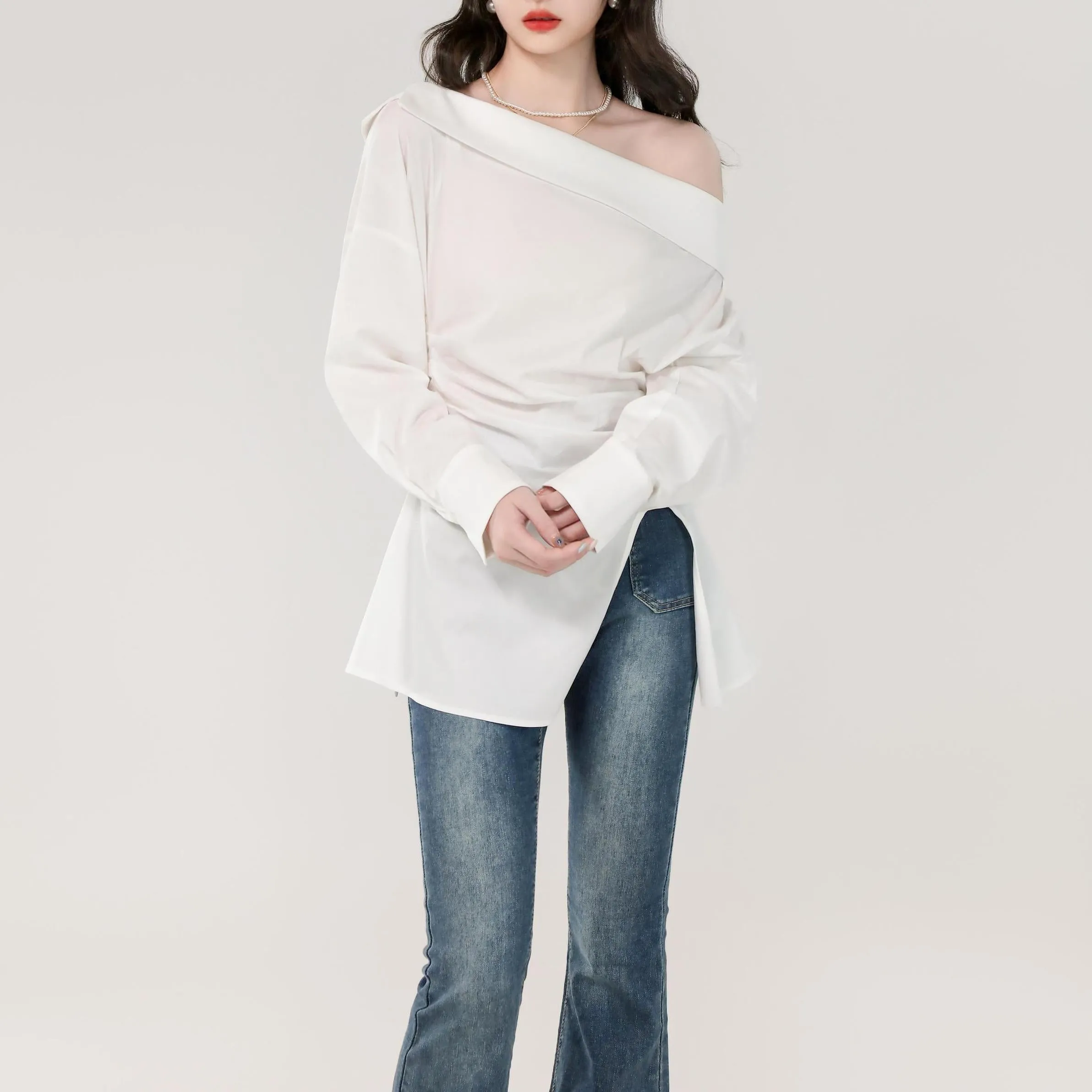 Minimalist Long Sleeve Blouse with a Chic Bardot Neckline