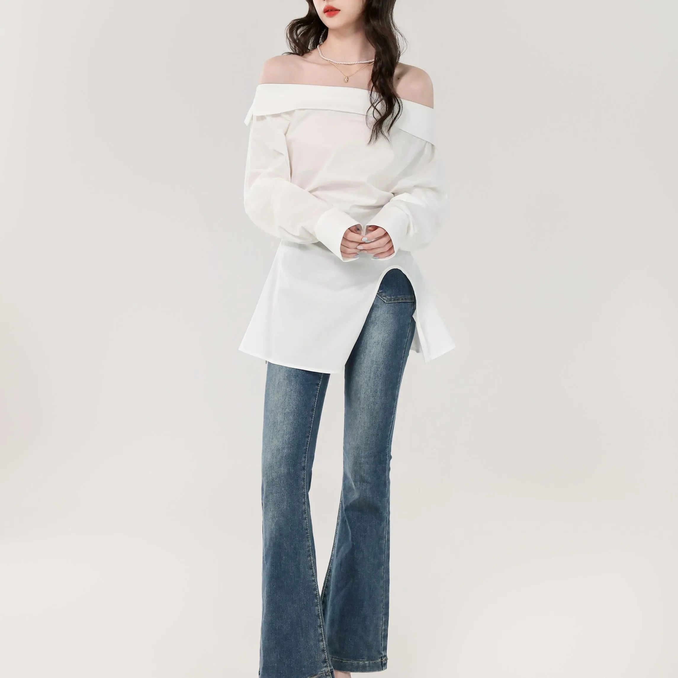 Minimalist Long Sleeve Blouse with a Chic Bardot Neckline