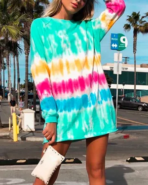 Multicolor Tie-dye Rainbow Stripe Blouse Mini Dress