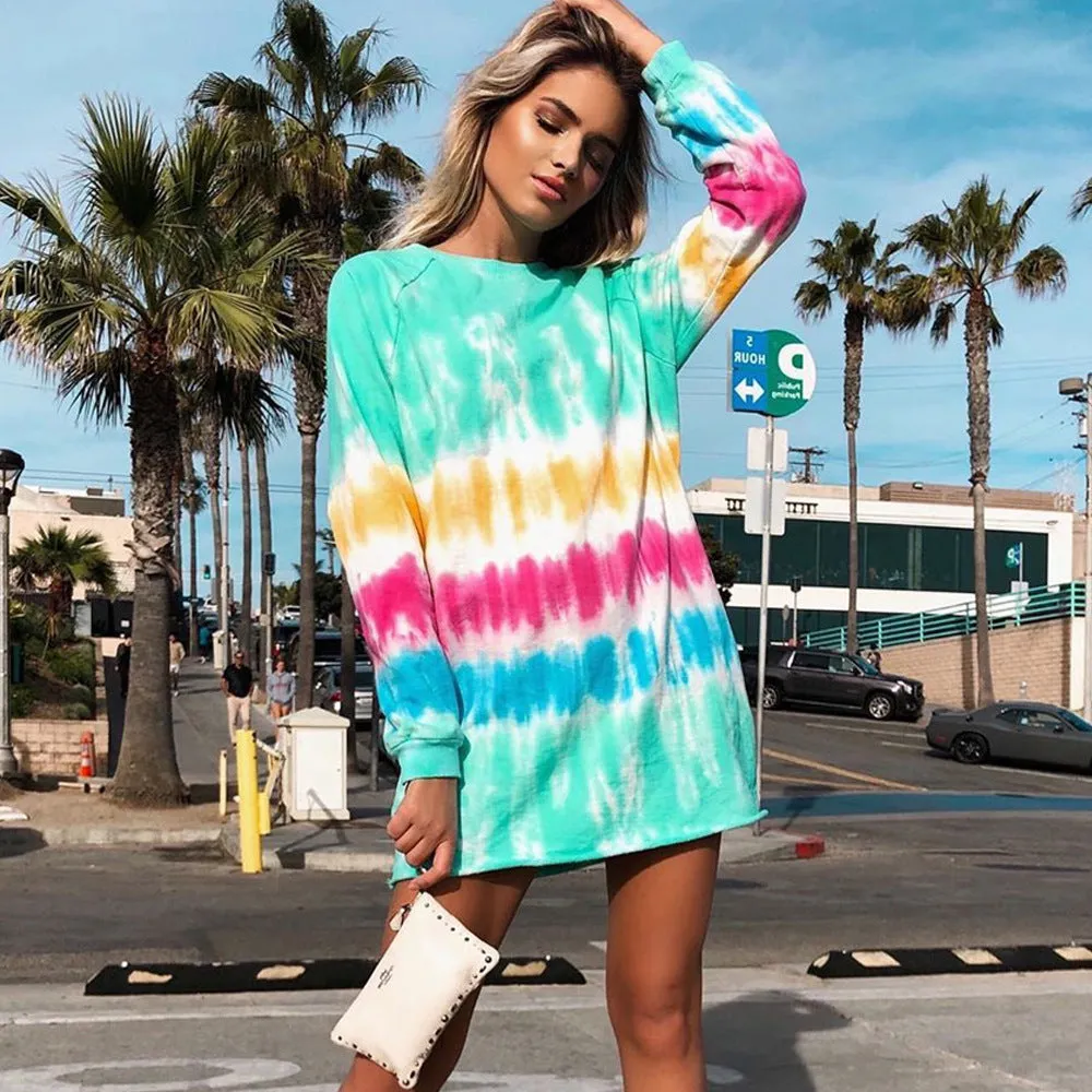 Multicolor Tie-dye Rainbow Stripe Blouse Mini Dress