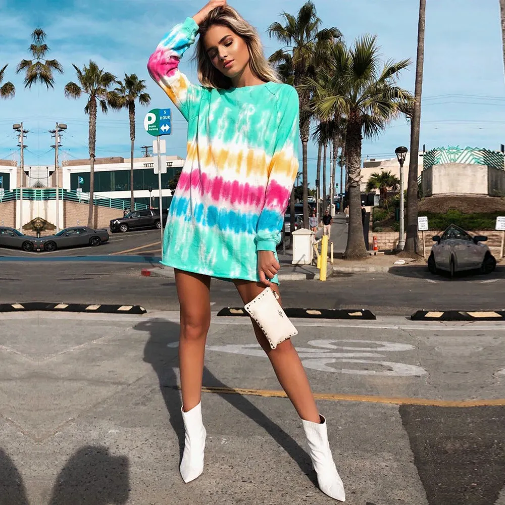 Multicolor Tie-dye Rainbow Stripe Blouse Mini Dress