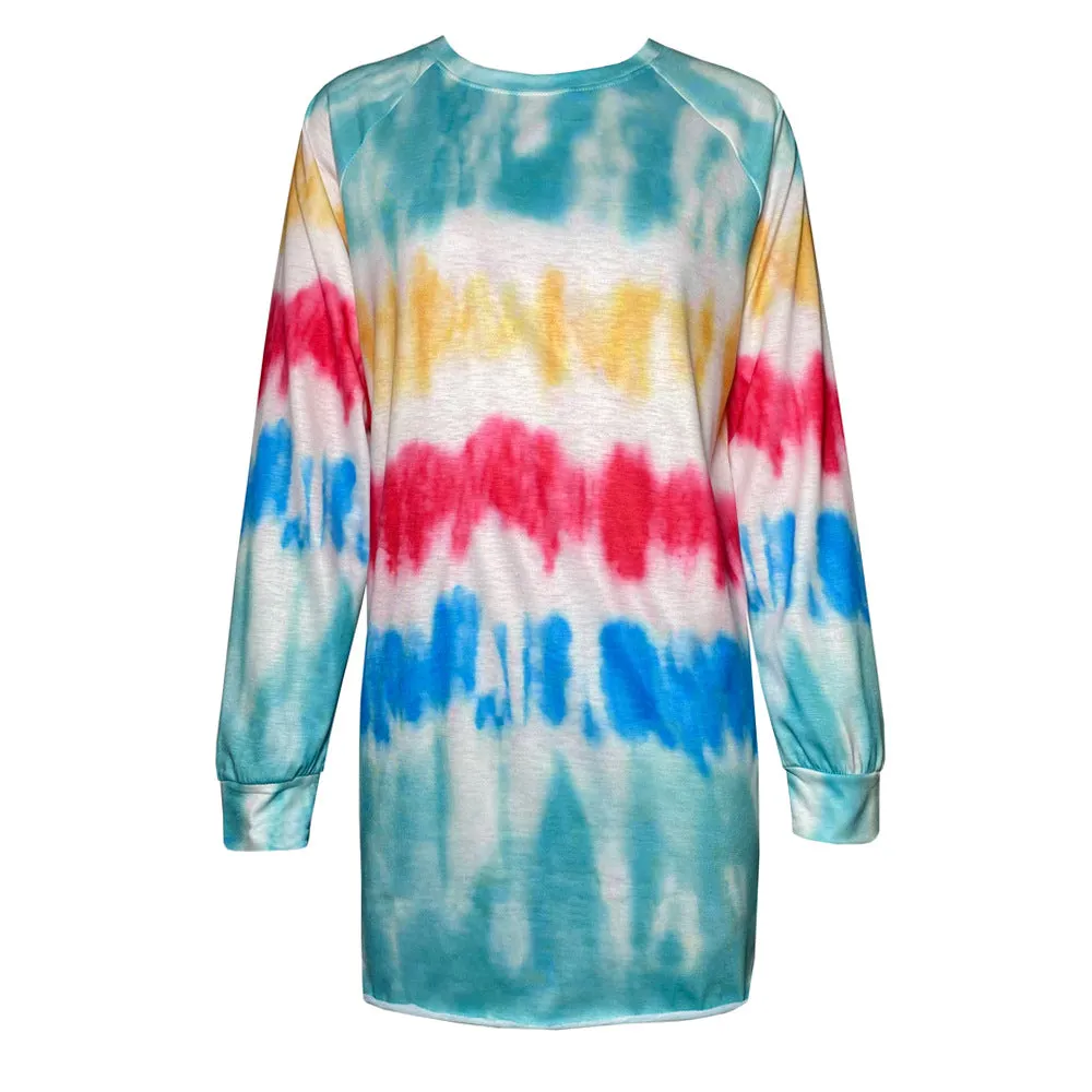 Multicolor Tie-dye Rainbow Stripe Blouse Mini Dress