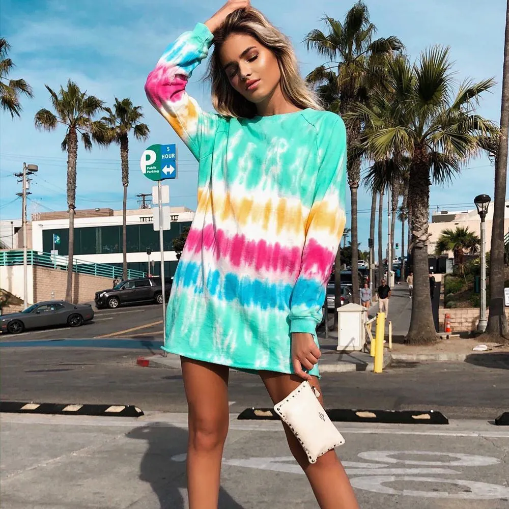 Multicolor Tie-dye Rainbow Stripe Blouse Mini Dress