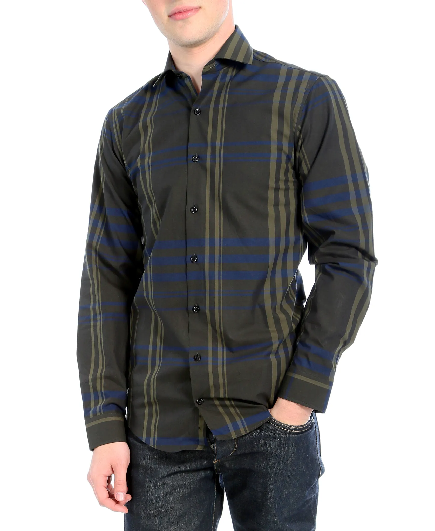 Olive Striped Slim Fit Casual Shirt - Jasper