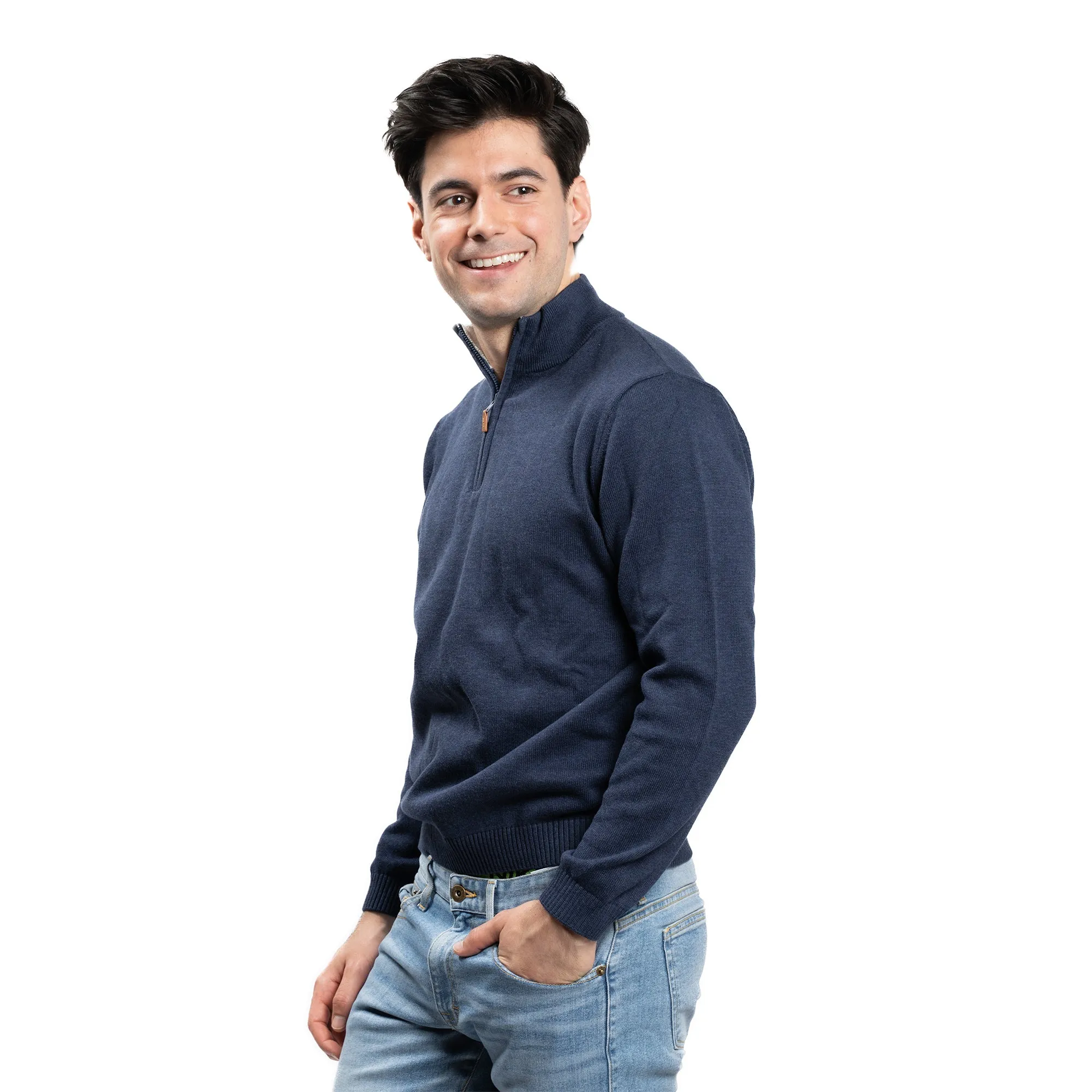 Pima Cotton Quarter Zip Sweaters - Navy