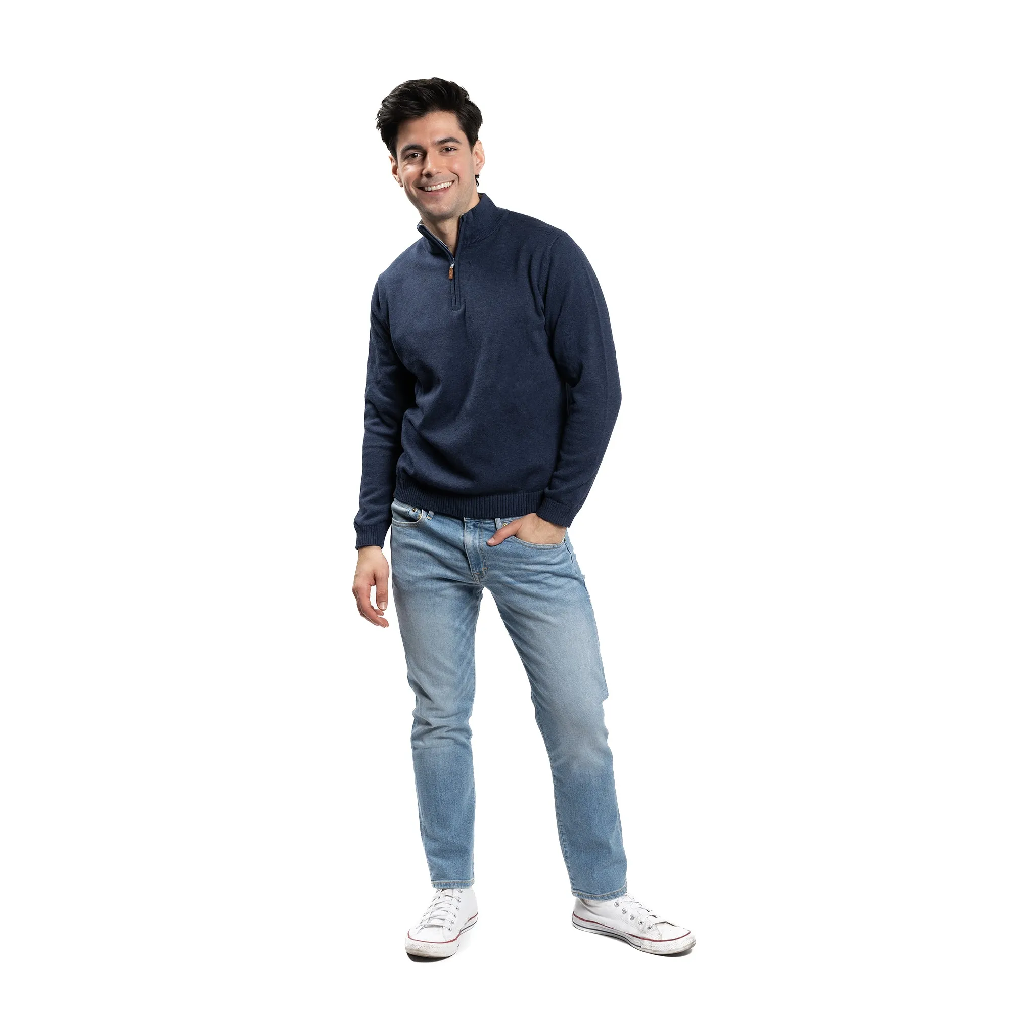Pima Cotton Quarter Zip Sweaters - Navy