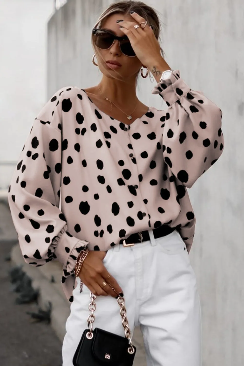 Pink Button Frill Cuffs Oversize Puff Sleeve Blouse
