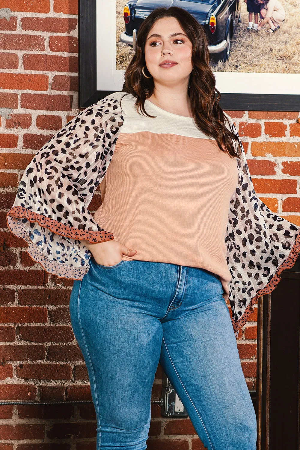 Plus Ruffle Leopard Waffled Top