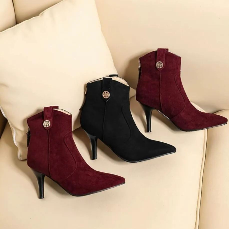 Pointy Heeled Suede Ankle Boots For Small Feet Women MS260