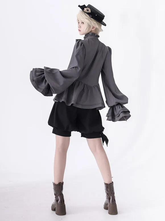 【Pre-sell】 Gothic Lolita Ouji Fashion Blouses Gray Long Sleeves Shirt With Ruffle Neckline