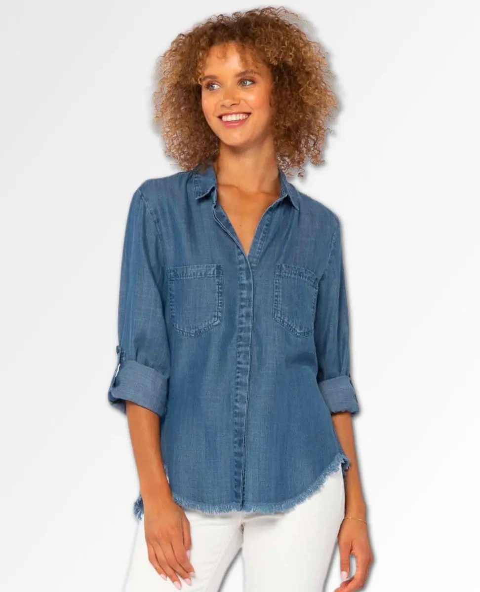 Riley Frayed Hem Button Up Shirt Denim