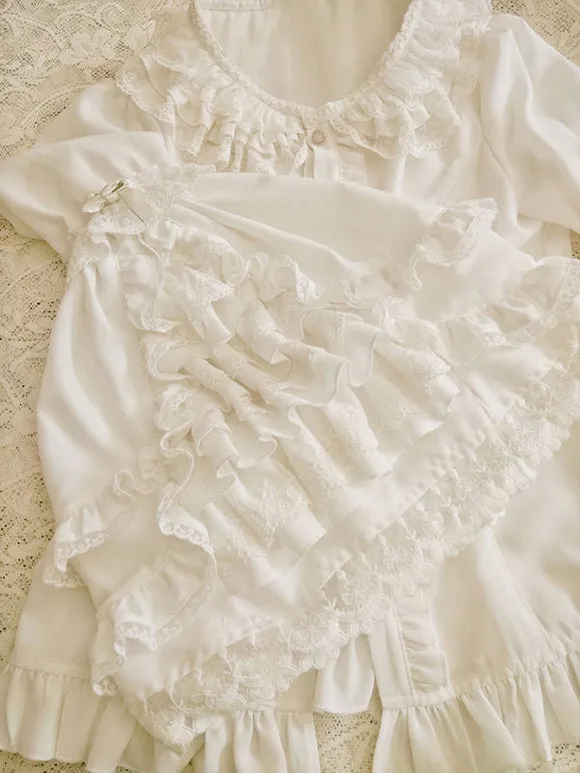 ROCOCO Style Lolita Blouses Bows Lace Long Sleeves Blouse Lolita Top Ecru White Lolita Shirt