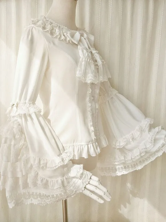ROCOCO Style Lolita Blouses Bows Lace Long Sleeves Blouse Lolita Top Ecru White Lolita Shirt
