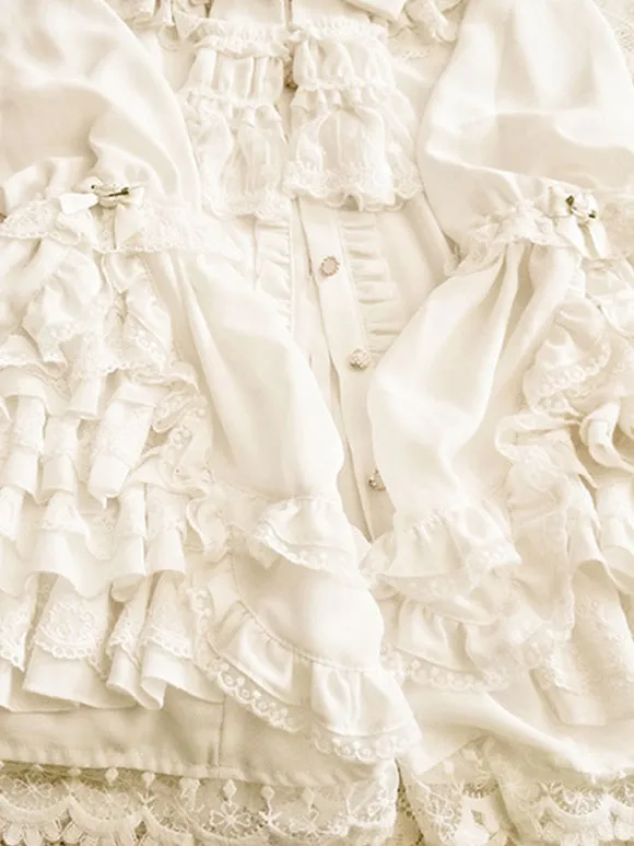 ROCOCO Style Lolita Blouses Bows Lace Long Sleeves Blouse Lolita Top Ecru White Lolita Shirt