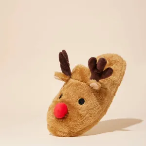 Rodolph Christmas Fuzzy Slippers: Beige
