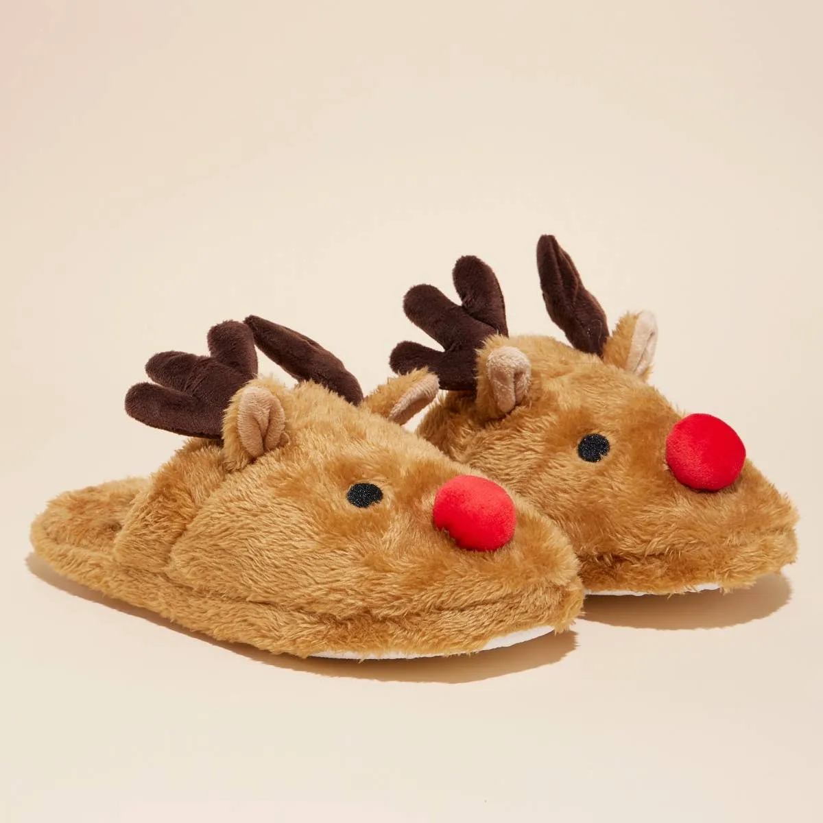 Rodolph Christmas Fuzzy Slippers: Beige