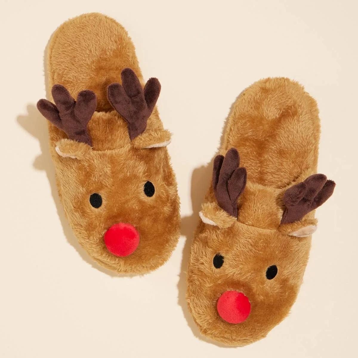 Rodolph Christmas Fuzzy Slippers: Beige
