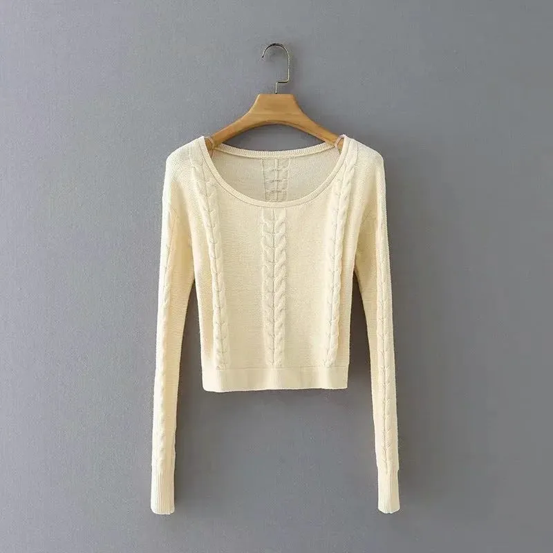 Round Neck Knit Sweaters Blouses Crop Tops