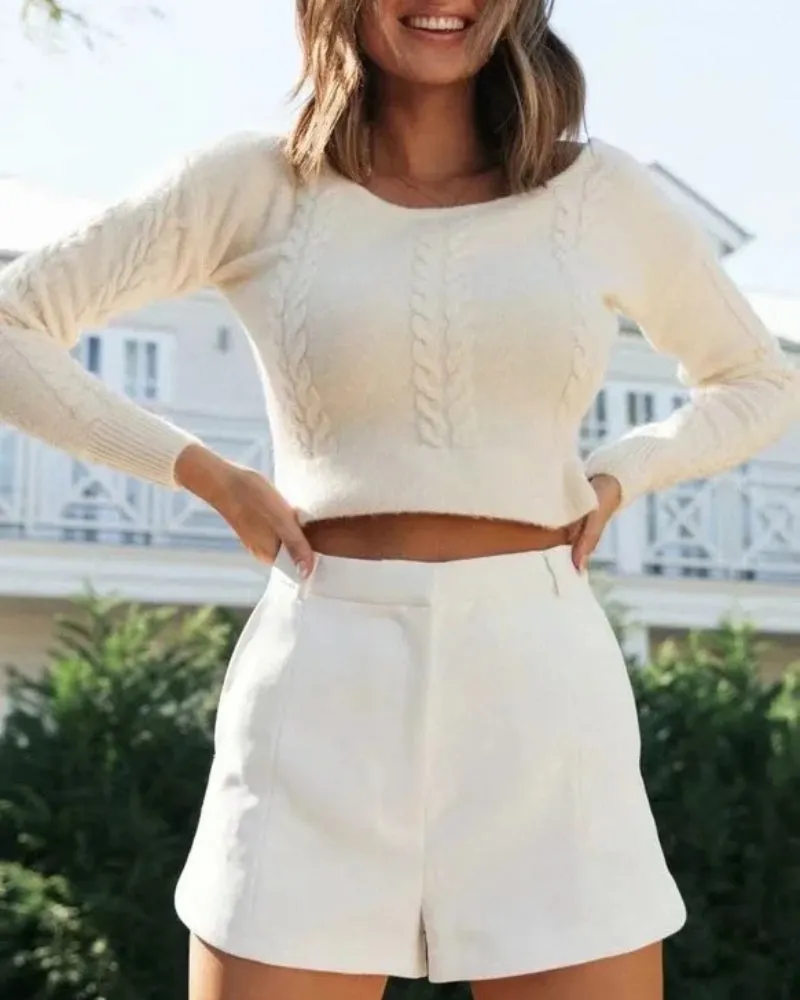 Round Neck Knit Sweaters Blouses Crop Tops