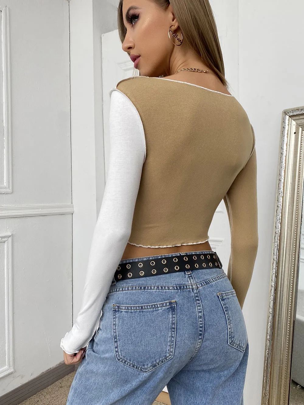 Round Neck Splicing T-Shirts Crop Tops Shirts
