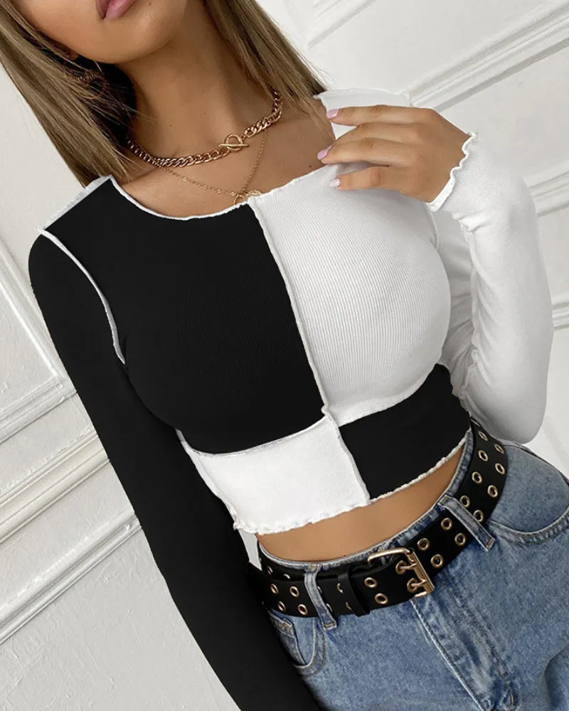Round Neck Splicing T-Shirts Crop Tops Shirts