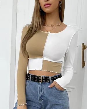 Round Neck Splicing T-Shirts Crop Tops Shirts