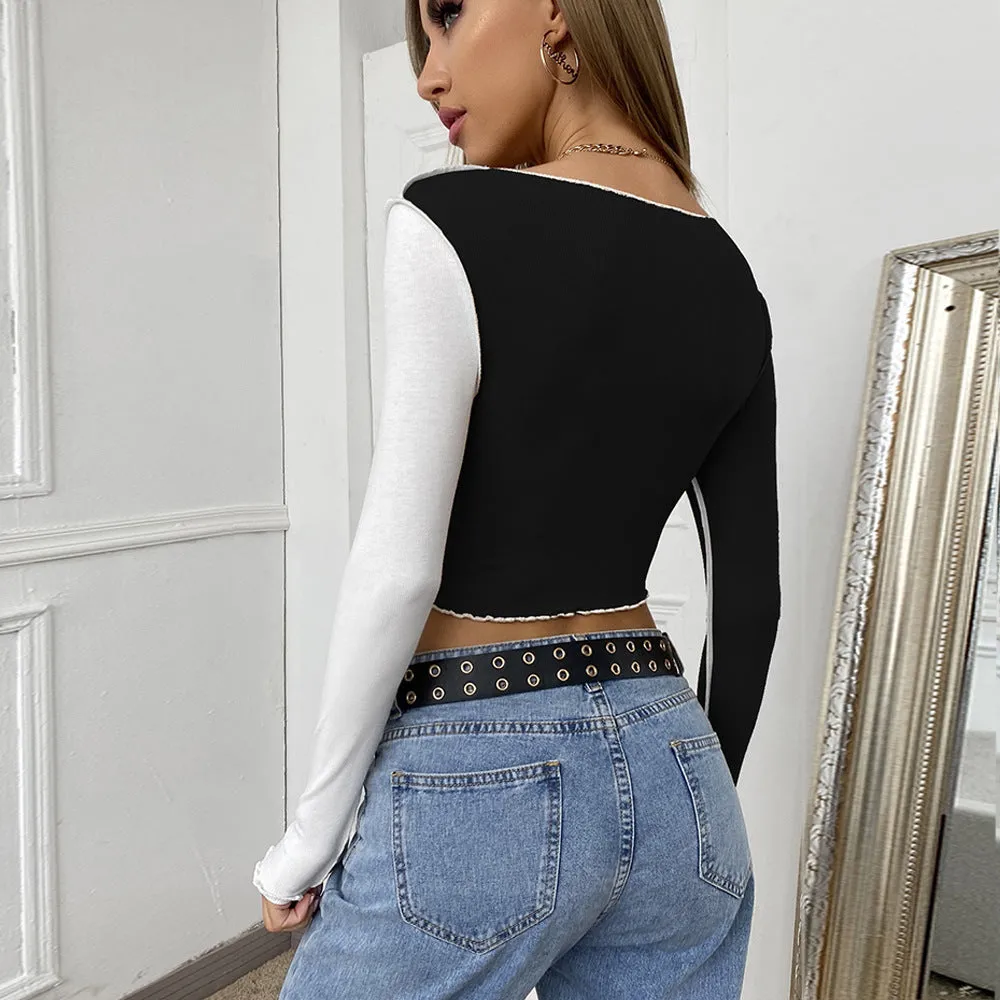 Round Neck Splicing T-Shirts Crop Tops Shirts