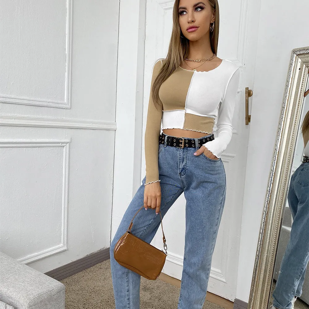 Round Neck Splicing T-Shirts Crop Tops Shirts