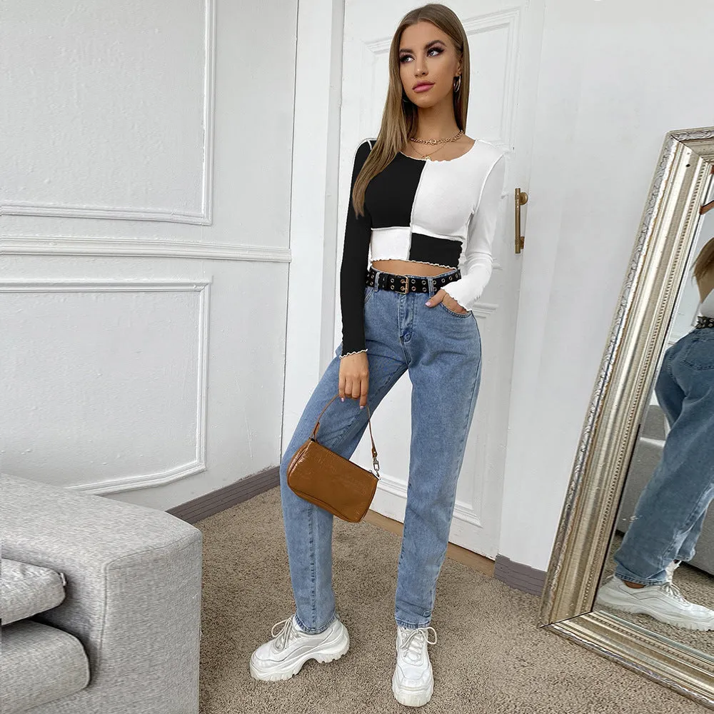 Round Neck Splicing T-Shirts Crop Tops Shirts
