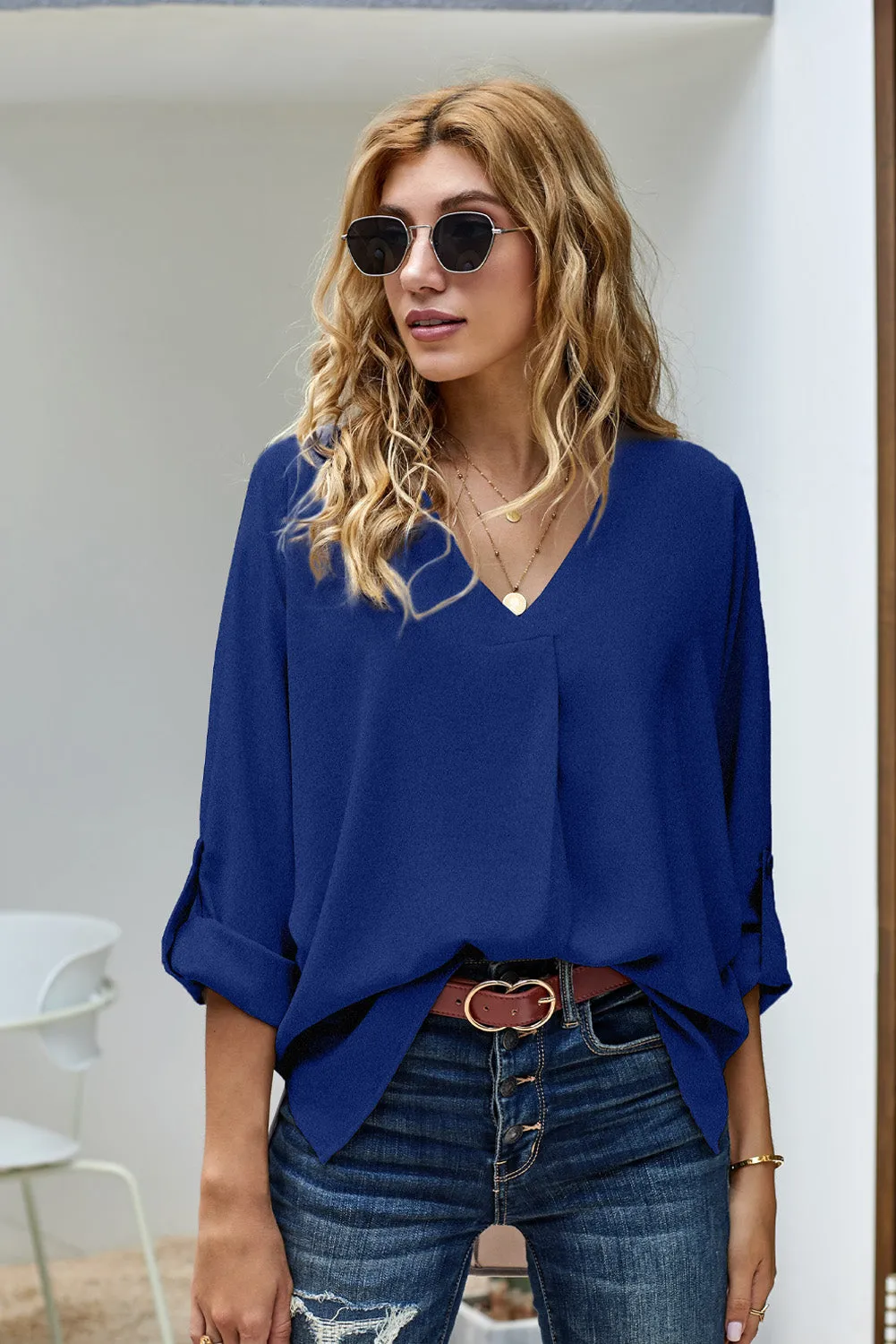 Royal Blue V Neck High Low Blouse