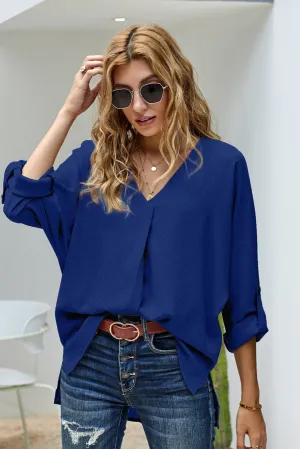Royal Blue V Neck High Low Blouse