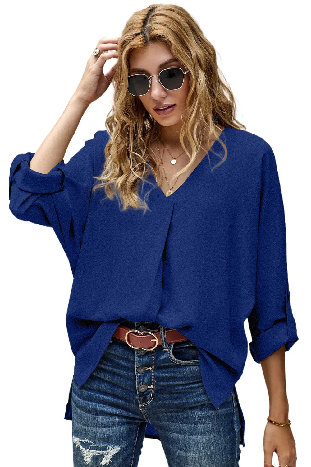 Royal Blue V Neck High Low Blouse