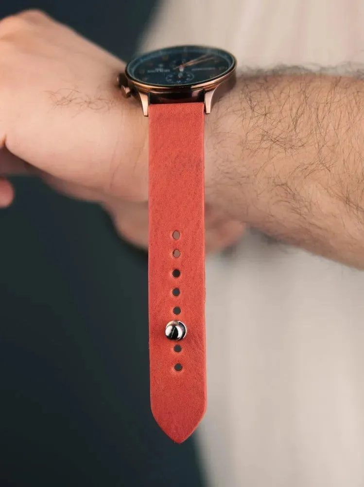 Salmon Red Leather Watch Strap - Quick Release Pins - The Hermoso