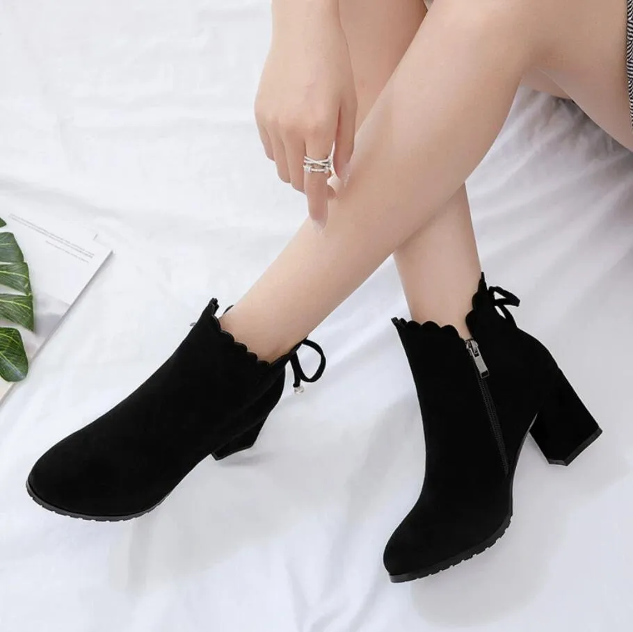 Small Size Block Heel Side Zipper Ankle Short Booties AS56