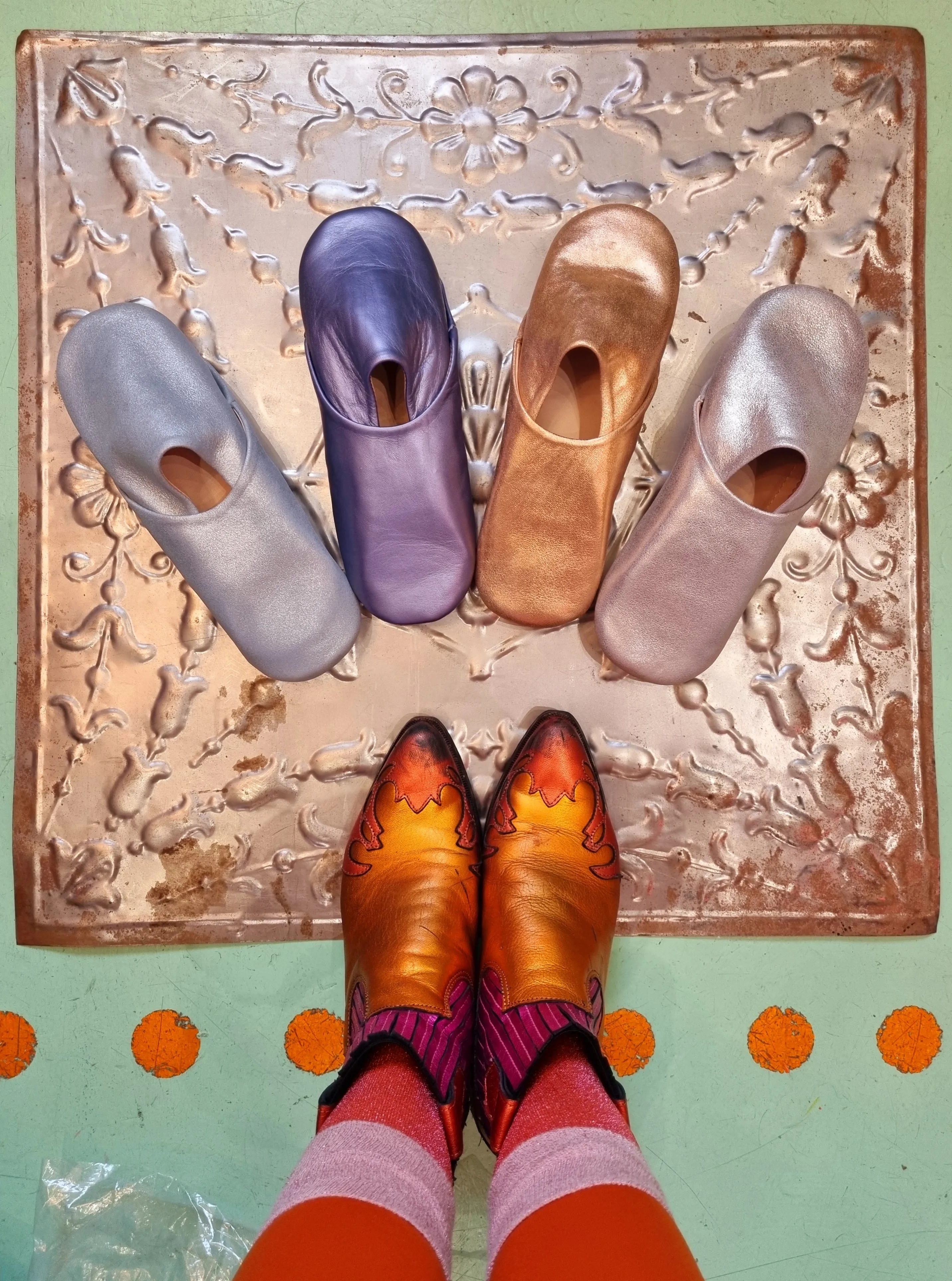 Soft leather metallic slippers .. size 39