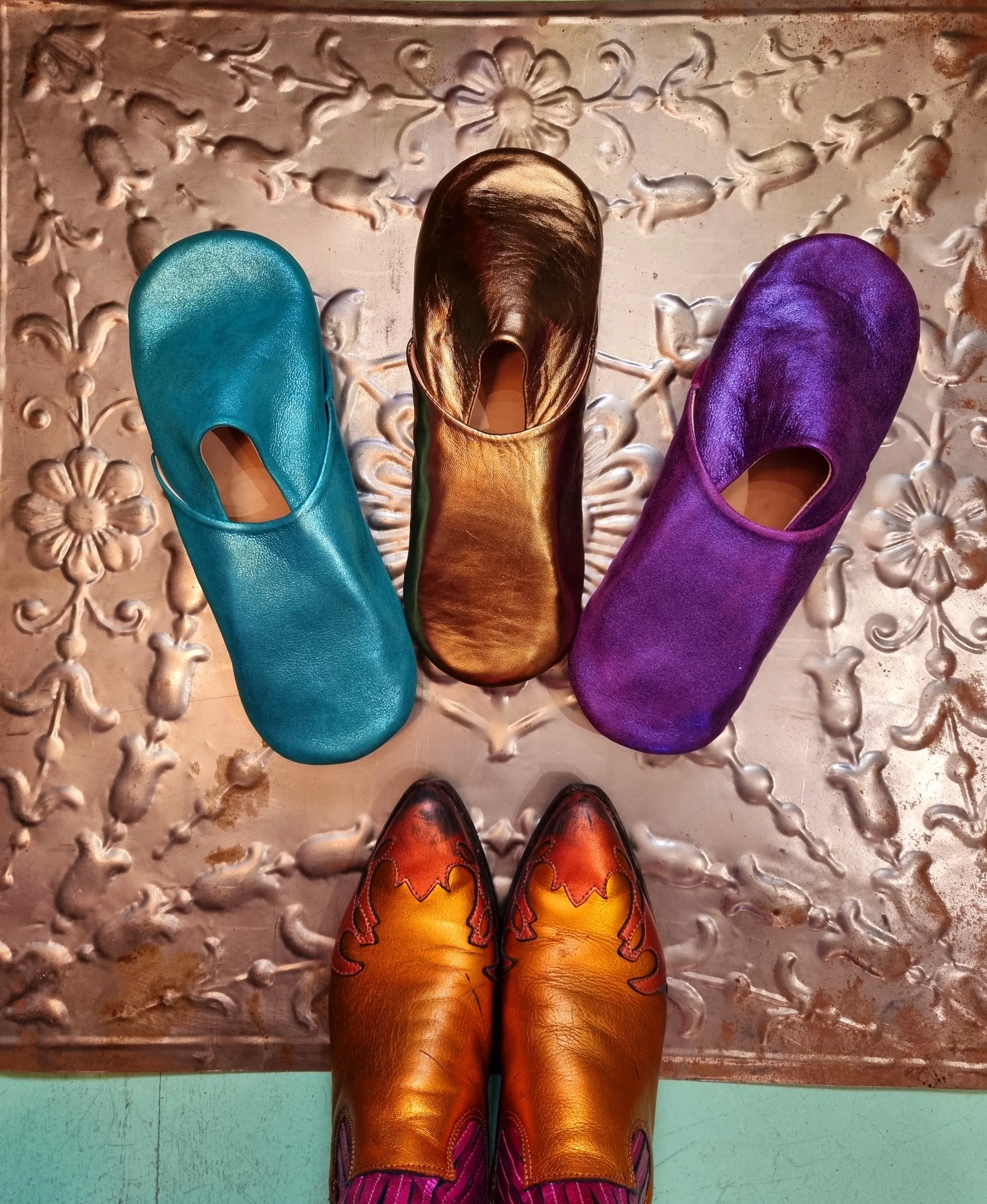 Soft leather metallic slippers .. size 42