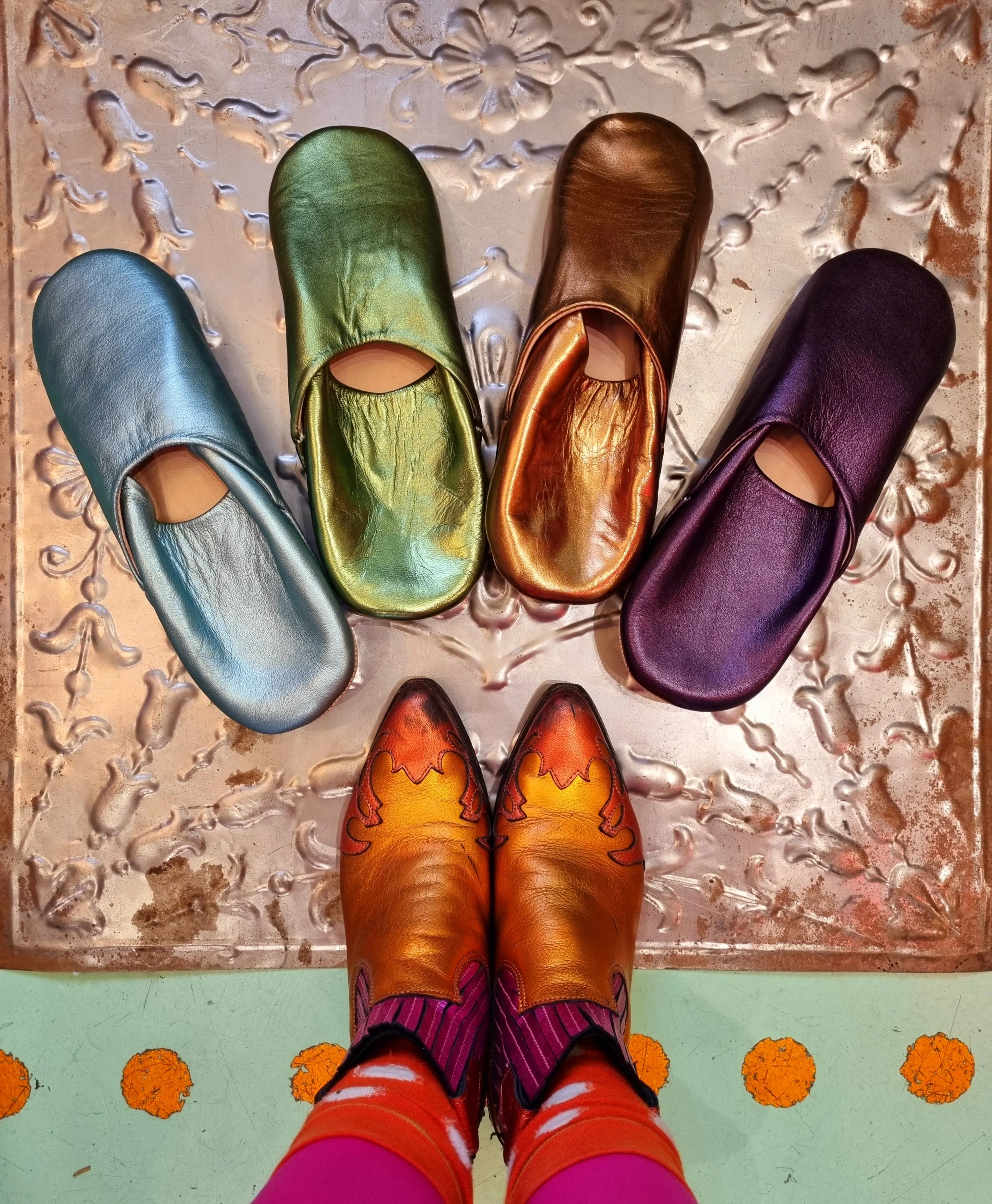 Soft leather metallic slippers .. size 42