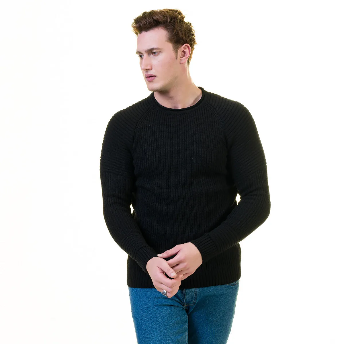 Solid Black Printed European Wool Luxury Zippered With Sweater Jacket Warm Winter Tailor Fit