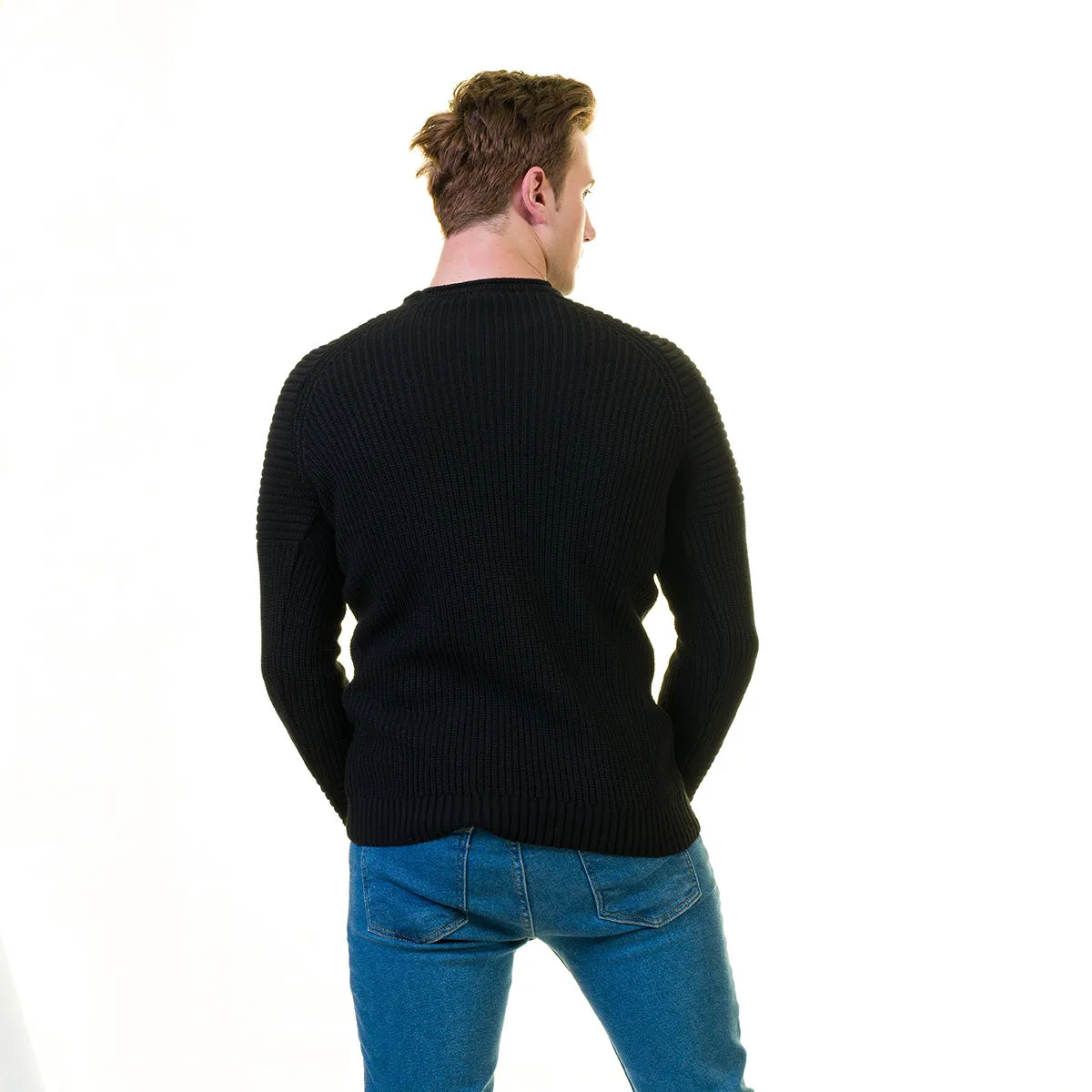 Solid Black Printed European Wool Luxury Zippered With Sweater Jacket Warm Winter Tailor Fit