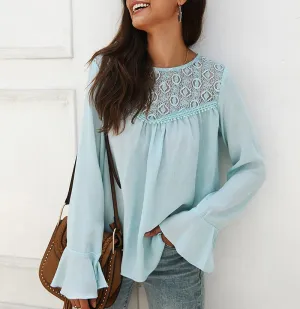 Solid Color Long Sleeve Chiffon Shirt Top