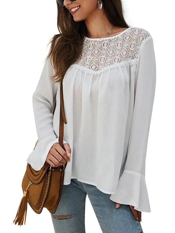 Solid Color Long Sleeve Chiffon Shirt Top