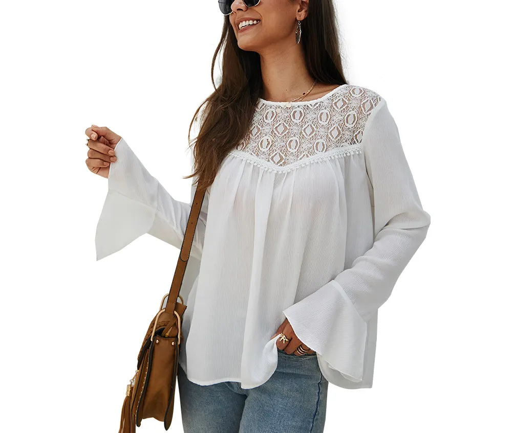 Solid Color Long Sleeve Chiffon Shirt Top