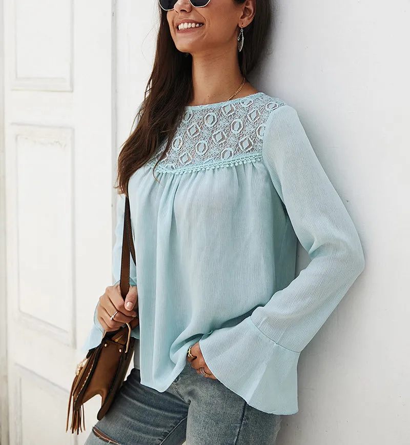 Solid Color Long Sleeve Chiffon Shirt Top