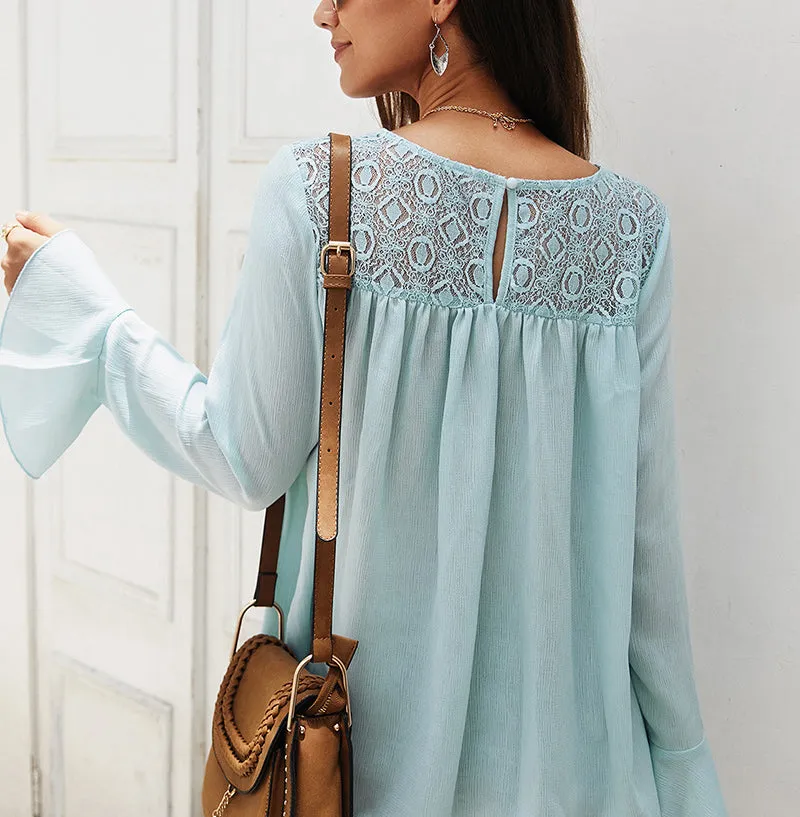 Solid Color Long Sleeve Chiffon Shirt Top